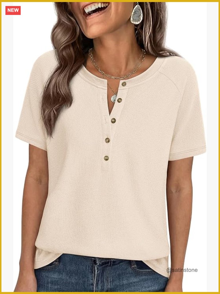 Waffle Knit Short Sleeve Henley Blouse Dressy Casual Summer Top